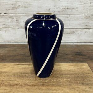 Vintage Cylinder Navy Vase With White and Gold Decoration McDonough Art Deco